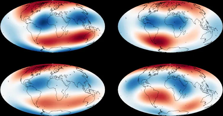 Simulated maps of Earth's magnetic field (left) can only be made to look like those of the real field (right) if Earth's core is assumed to have hot blobs of rock sitting directly on top of it.