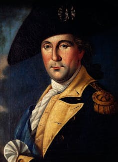 A close-up portrait of a young, brunette George Washington.