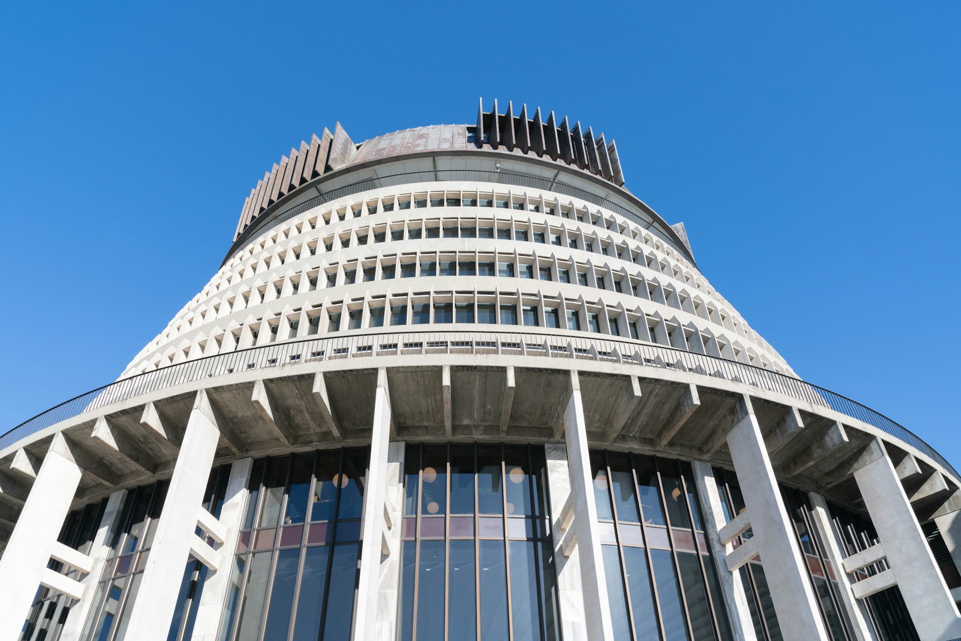 Beehive building in Wellington NZ against blue sky