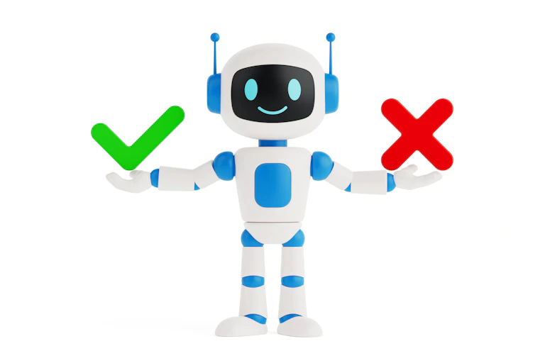 Smiling robot holding large green checkmark in one hand and large red x in the other.