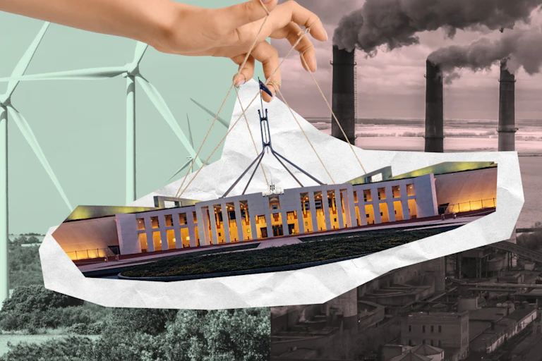 A hand with puppet strings connected to Parliament House in Canberra with windmills and coal power plants in the background