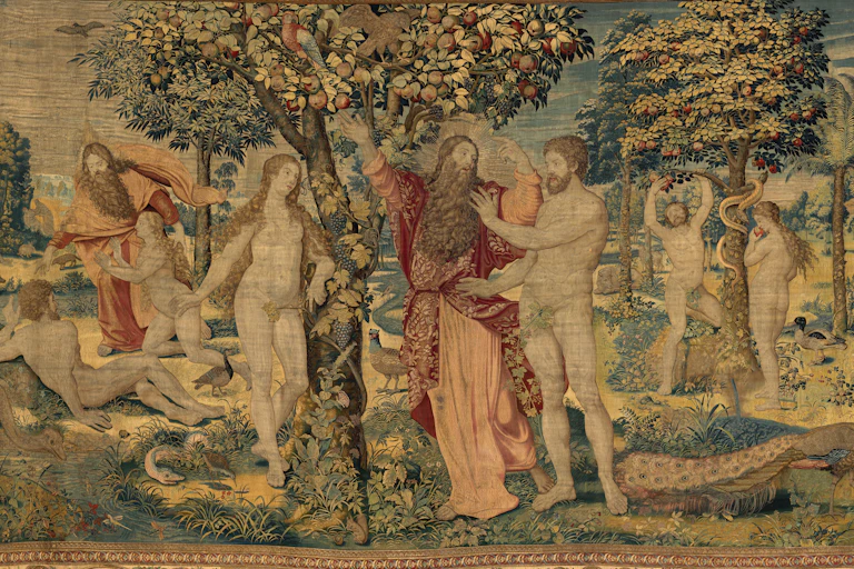 Adam and Eve beneath the Tree of Knowledge, covering their nakedness with fig leaves, with God positioned between them.