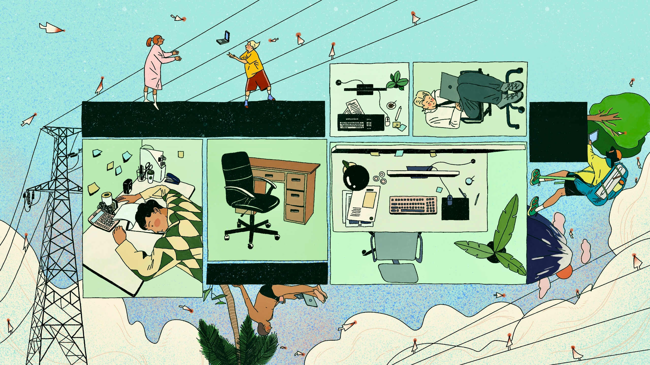 Dans les cadres, on voit des personnes confinées dans leurs bureaux cloisonnés ; au-delà, d'autres travaillent librement depuis divers endroits, connectés par des signaux numériques.