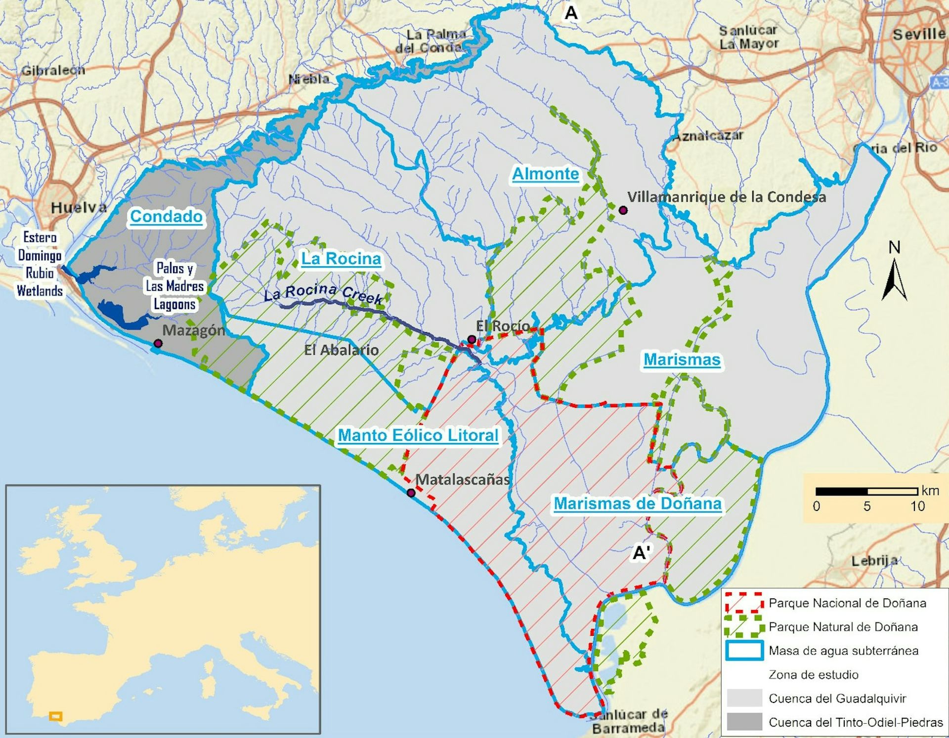 Mapa que muestra la delimitación del acuífero Almonte-Marismas, las áreas protegidas de Donjana y la división del acuífero