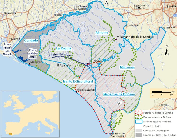 La actual división del acuífero de Donjan está obsoleta y agrava los problemas de gestión del agua 2 Mapa que muestra la delimitación del acuífero Almonte-Marismas, las áreas protegidas de Donjana y la división del acuífero