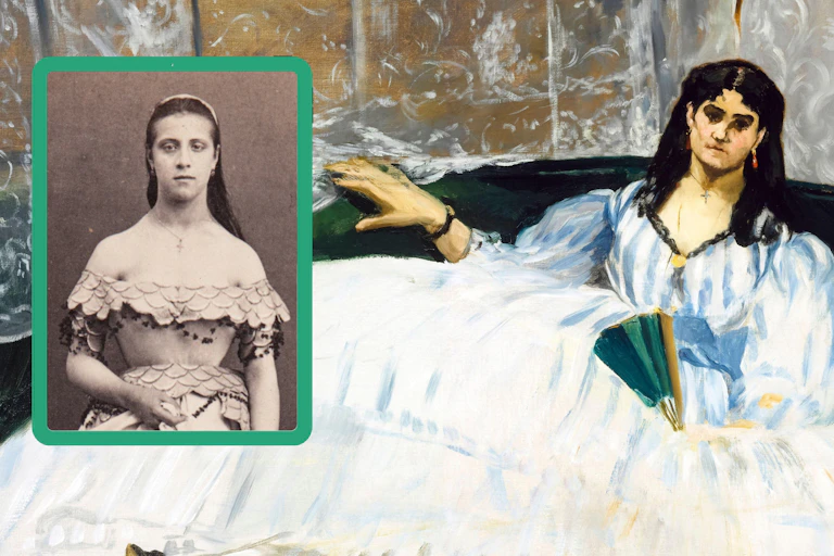 A black and white photograph of a woman in a shoulderless dress collaged over a painting of a woman with a fan