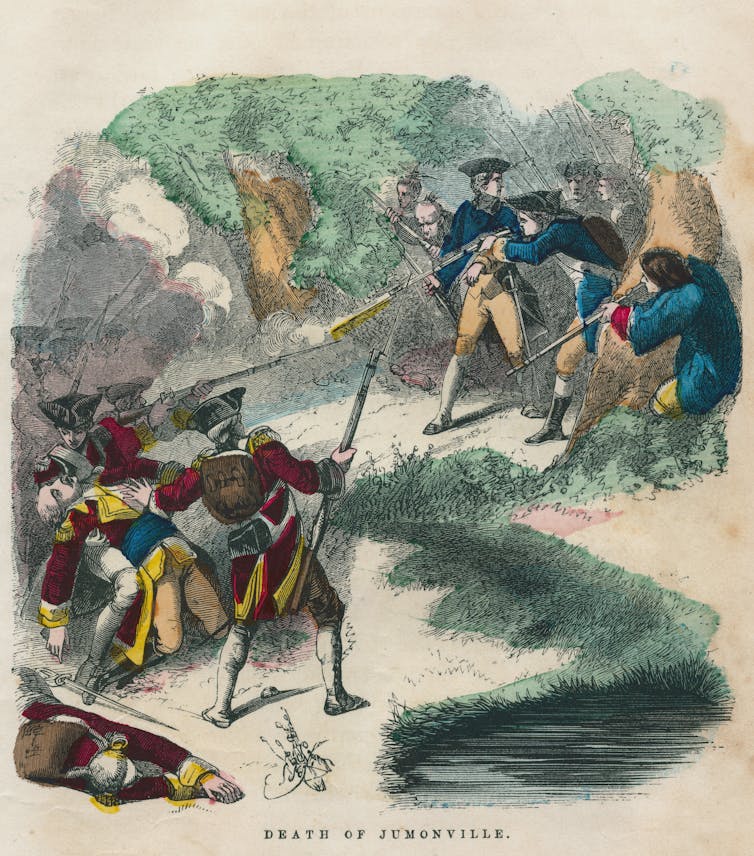 Cómo George Washington, de 22 años, aprendió a liderar, a partir de una serie de errores en la naturaleza de Pensilvania 1 Ilustración en color que representa una batalla entre soldados con abrigos rojos y azules.