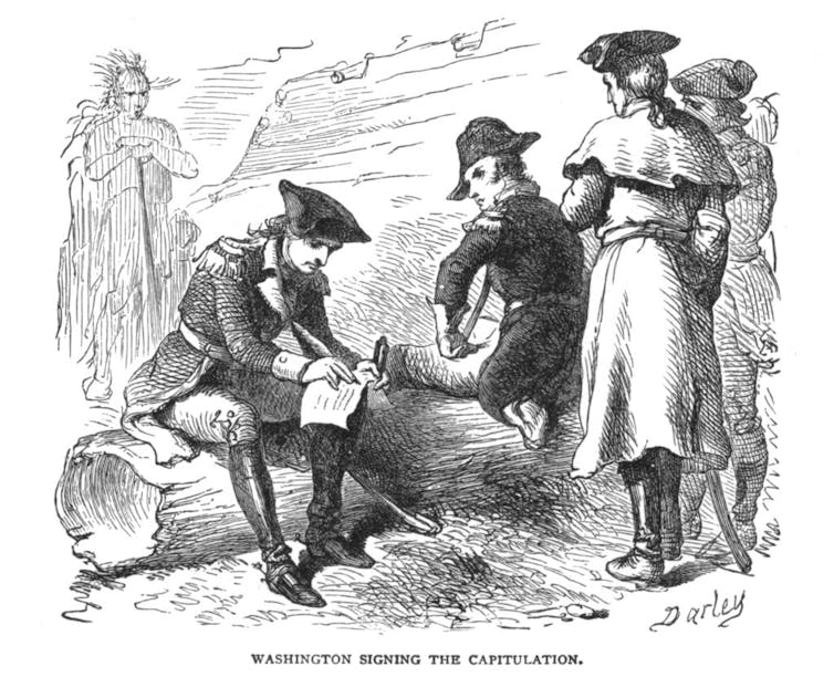 Cómo George Washington, de 22 años, aprendió a liderar, a partir de una serie de errores en la naturaleza de Pensilvania 2 Ilustración en blanco y negro que muestra a George Washington firmando un documento.