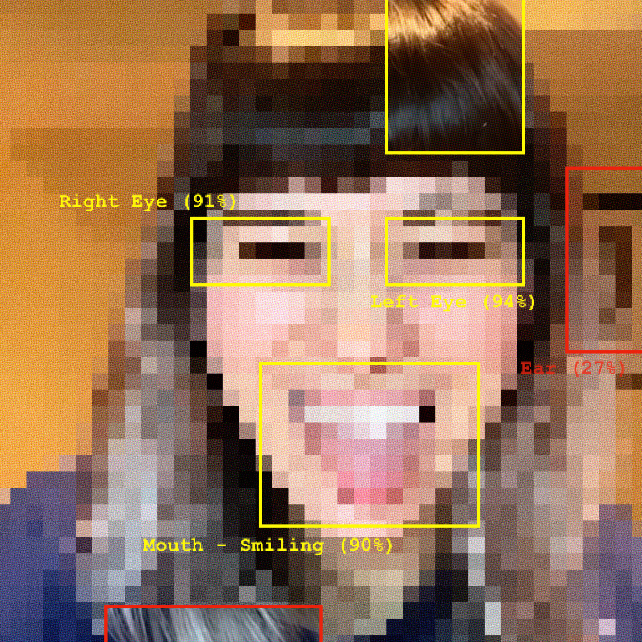 This image features a pixelated selfie featuring an individual with long brown hair and a fringe. The person has their tongue out and is smiling