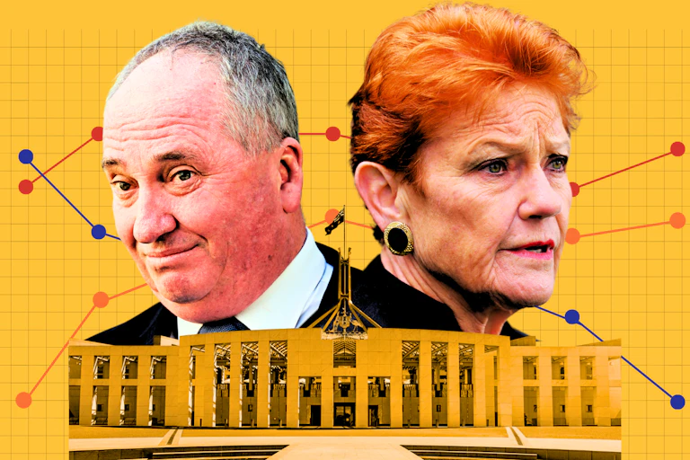 A composite image of Barnaby Joyce and Pauline Hanson against a yellow backdrop