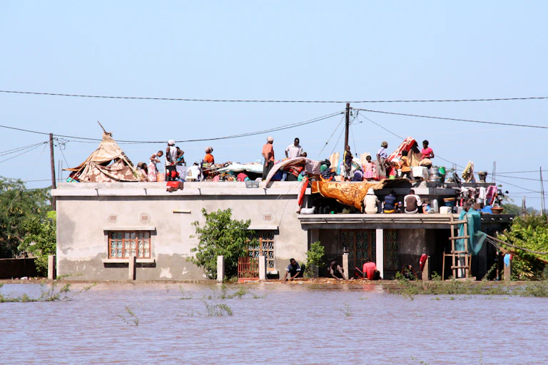People on the roof of a building that's surrounded by water