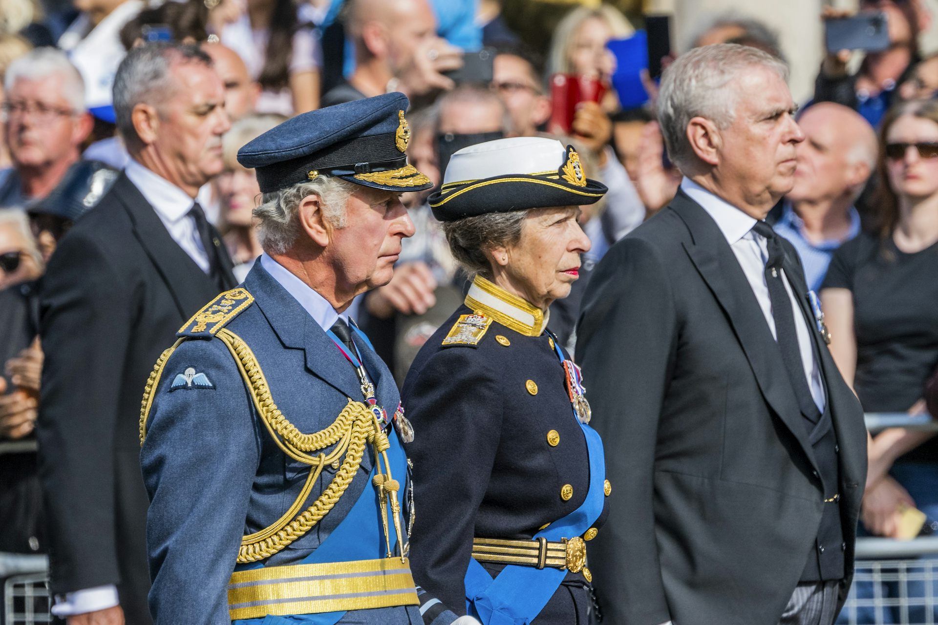 scam detection King Charles, Princess Anne and then Prince Andrew at the late queen's funeral procession