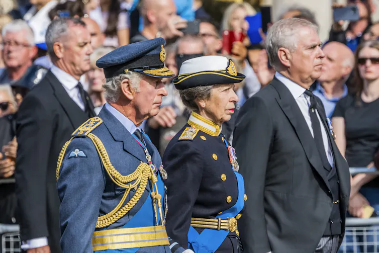 King Charles, Princess Anne and then Prince Andrew at the late queen's funeral procession