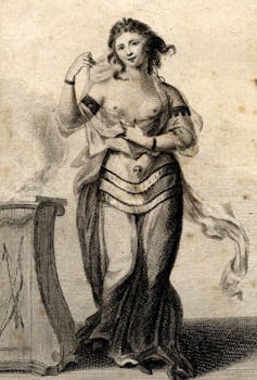 A drawing of Chudleigh with her breasts exposed