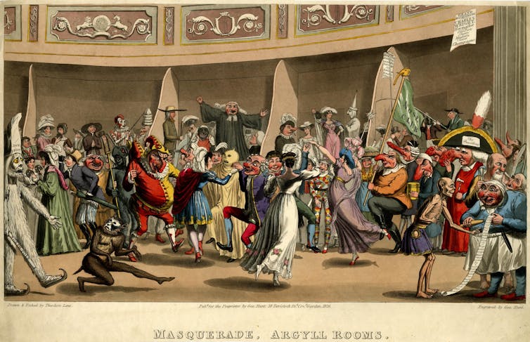 Painting of dancers as a masquerade ball
