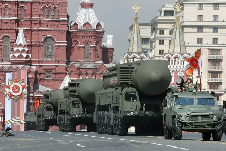 Yars strategic nuclear weapons parading in Red Square Moscow, May 2019.