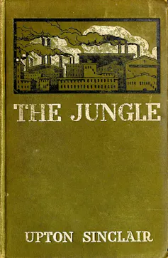 A book showing smokestacks that says 'The Jungle' as a title.
