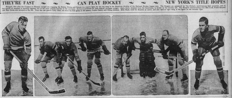 A series of black-and-white photos from a newspaper of hockey players.