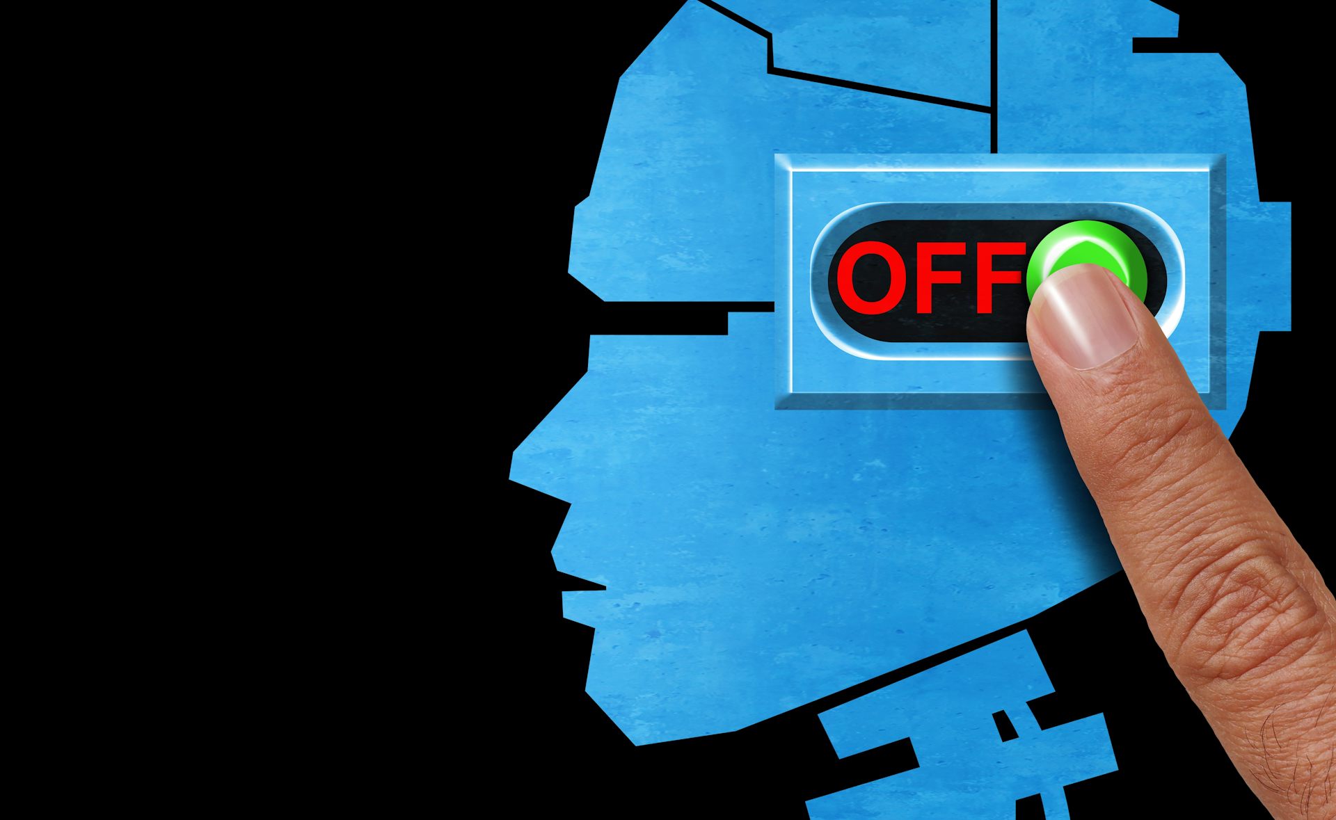 Un dit prem el botó "off" al cap d'un robot