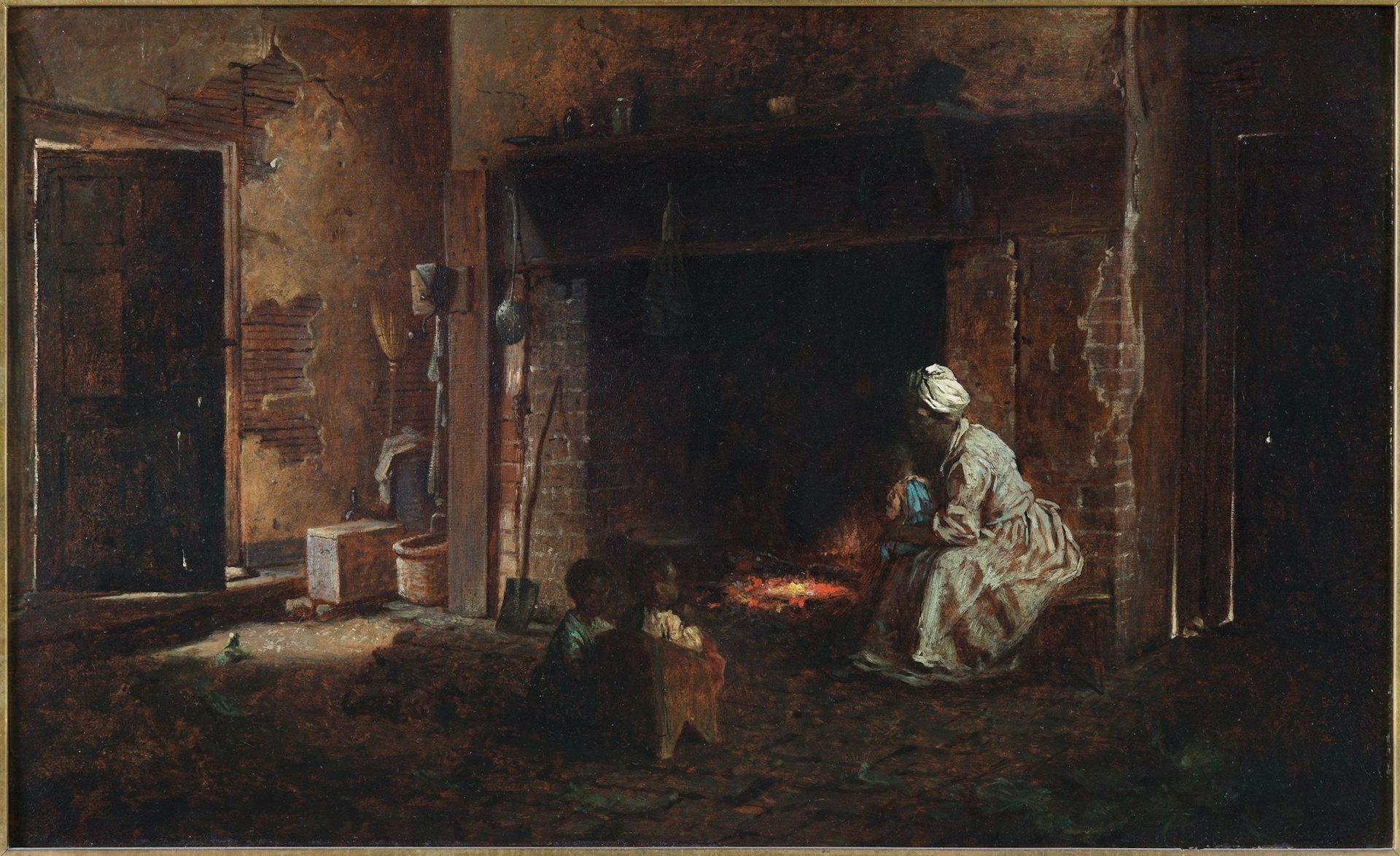Dark, moody painting depicting Black woman taking care of children by a fireplace