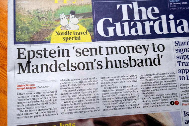 Guardian front page showing story about Peter Mandelson and Jeffrey Epstein.