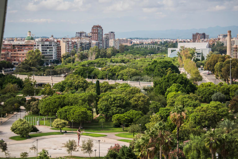 L'antic llit del riu Túria a València, ple d'arbres i vegetació, travessa la ciutat, amb edificis a ambdòs costats