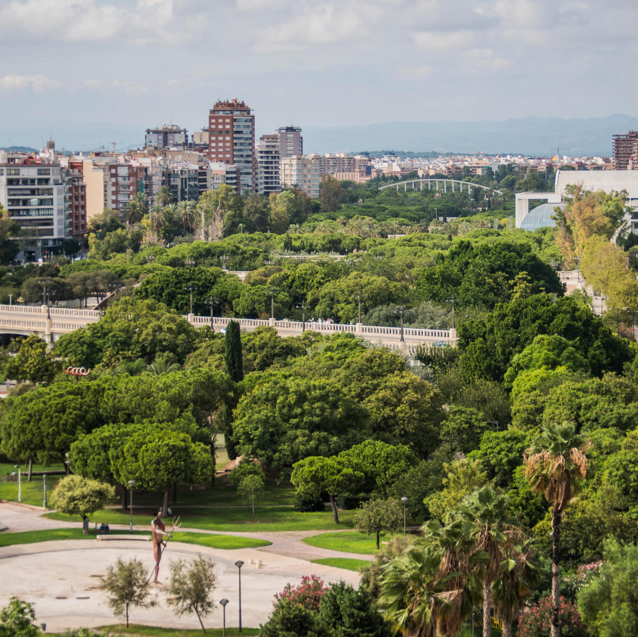 L'antic llit del riu Túria a València, ple d'arbres i vegetació, travessa la ciutat, amb edificis a ambdòs costats