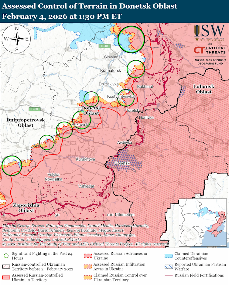 Map of east Ukraine showing the battlelines.