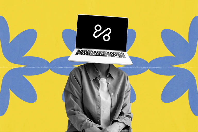A person with a laptop instead of a head