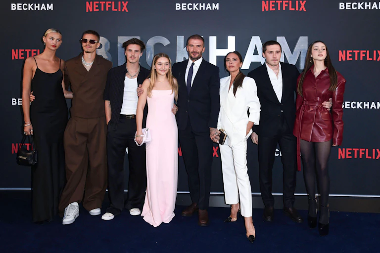 The Beckham family and partners, including Brooklyn's wife Nicola Peltz, on the red carpet at a premiere for the Beckham documentary