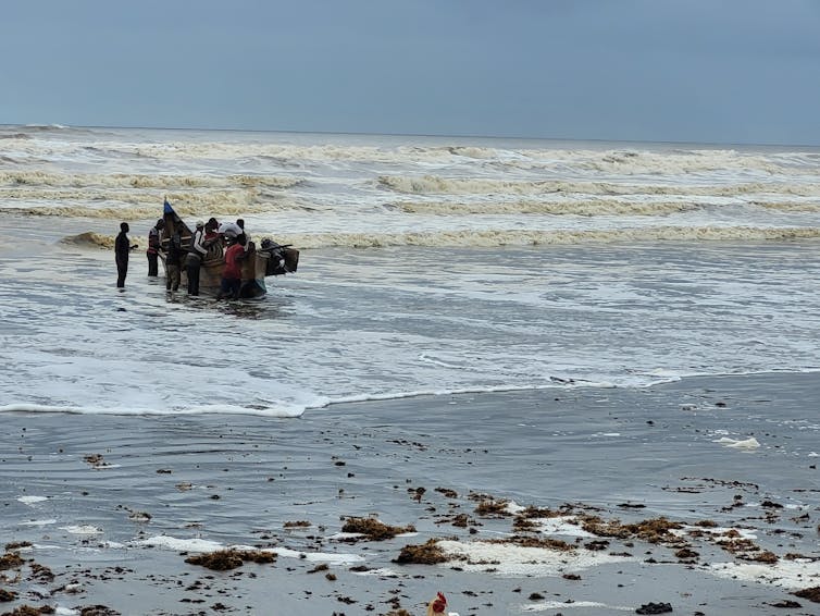 traditional wooden boat at sea, seaweed in foreground
