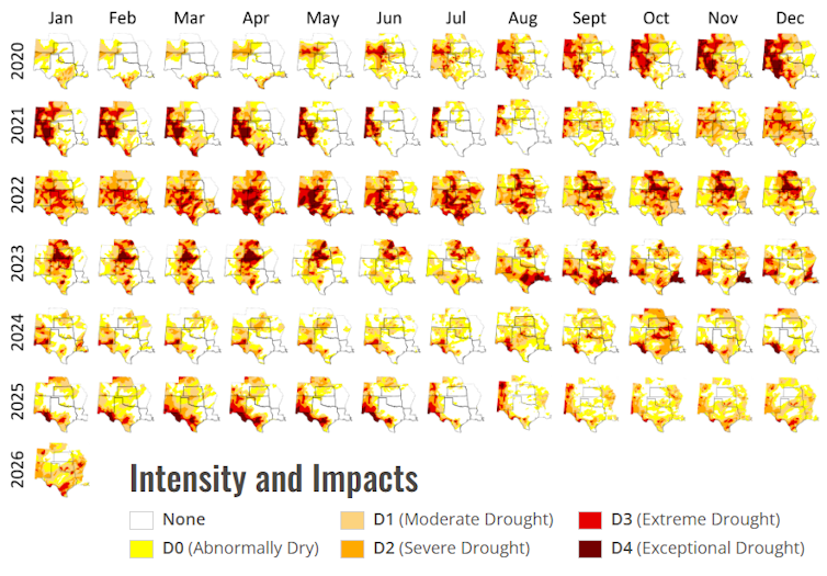Maps show how the current drought progressed and moved around the region. It was at its height in 2020-2023