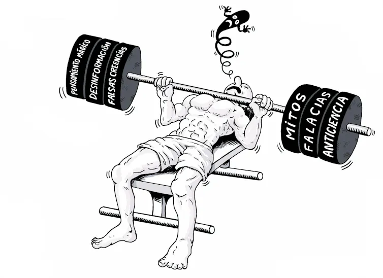 Viñeta satírica donde se muestran los lastres de falsedad con los que carga el entrenamiento.