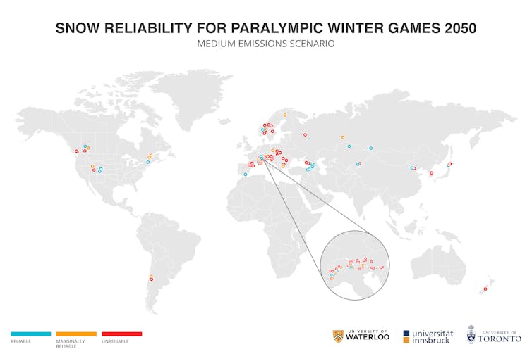 A medida que cambia el clima, ¿qué depara el futuro para los Juegos Olímpicos y Paralímpicos de Invierno? 1 Un mapa mundial que destaca posibles ubicaciones de juego.