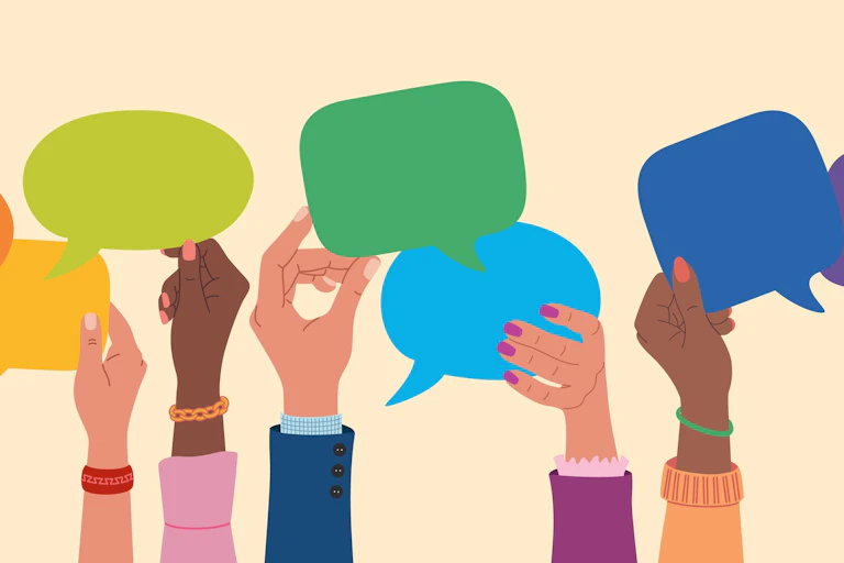 graphic, diverse coloured hands holding colourful speech bubbles