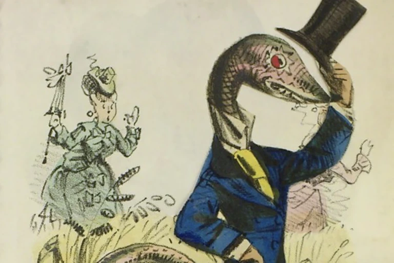 A cartoon depicts a snake in a top hat.