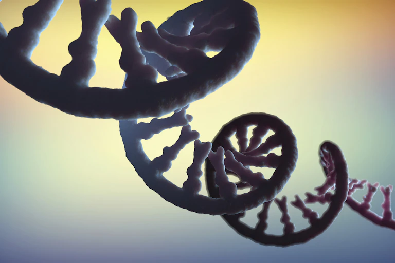 Illustration of single-stranded RNA helix cutting across a colorful background