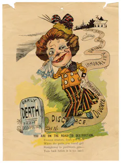 A caricature of a woman walking up a path.