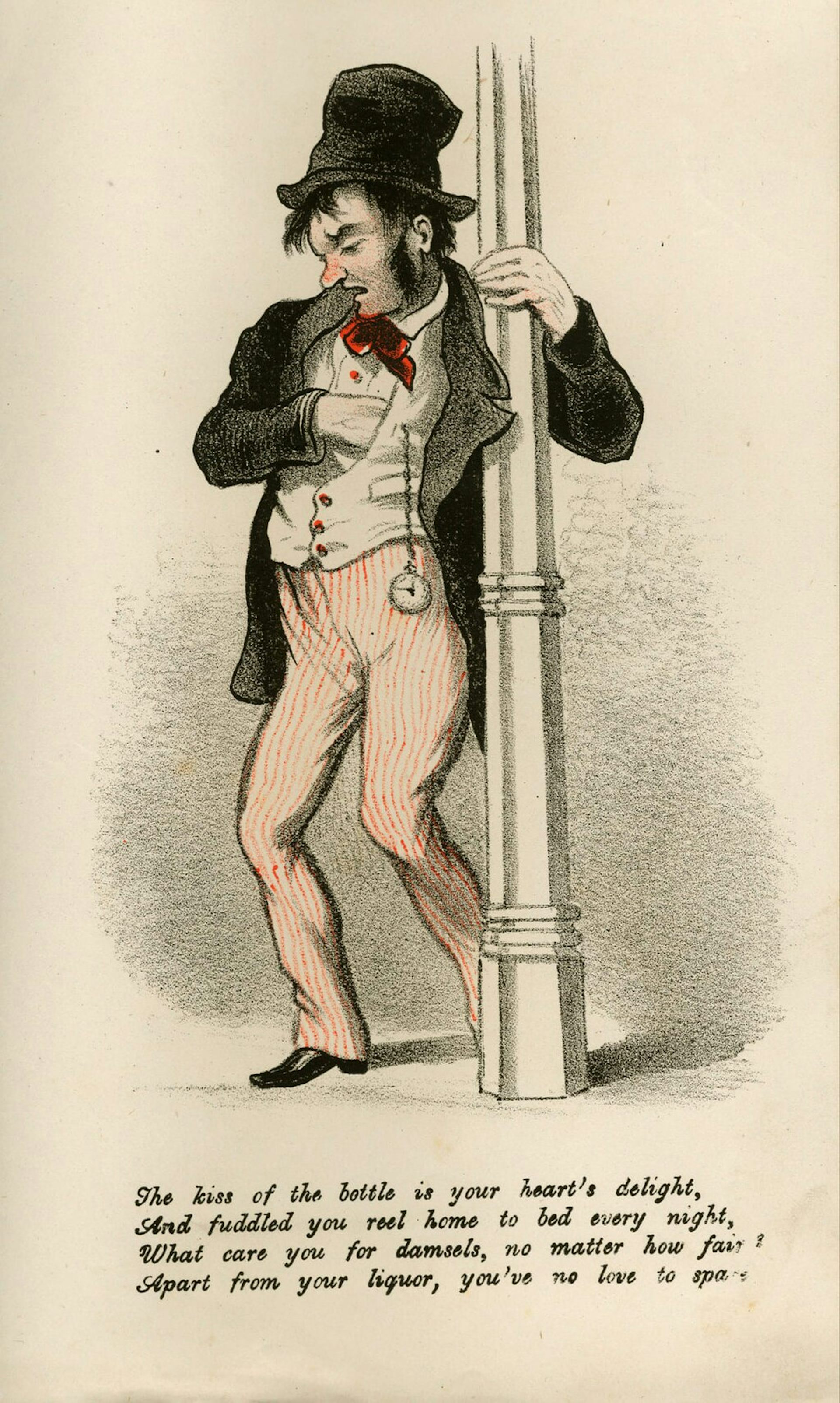 A caricature of a drink man clinging to a lamppost.