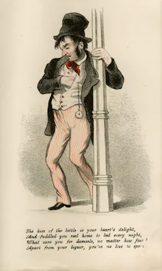 A caricature of a drink man clinging to a lamppost.