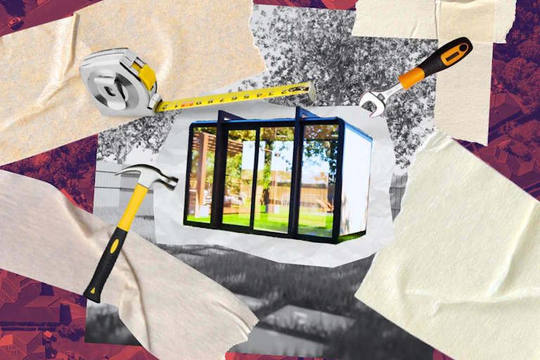 A collage with a Bunnings Elsewhere Pod with tools and masking tape on top