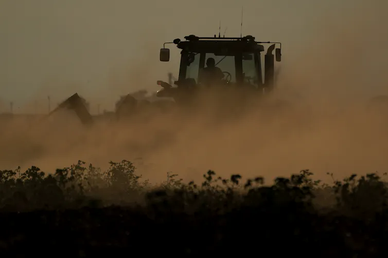 Dust flies up around a combine in a field.