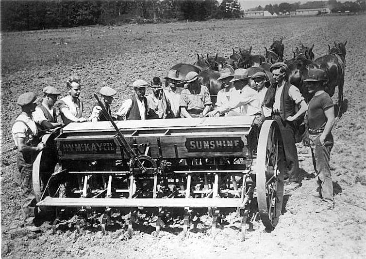 A horse-drawn seed drill at a farm in New South Wales in 1926. Technology has dramatically transformed agriculture over the past century.