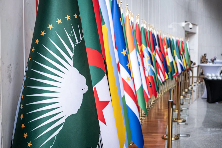 Flags in a row against a wall