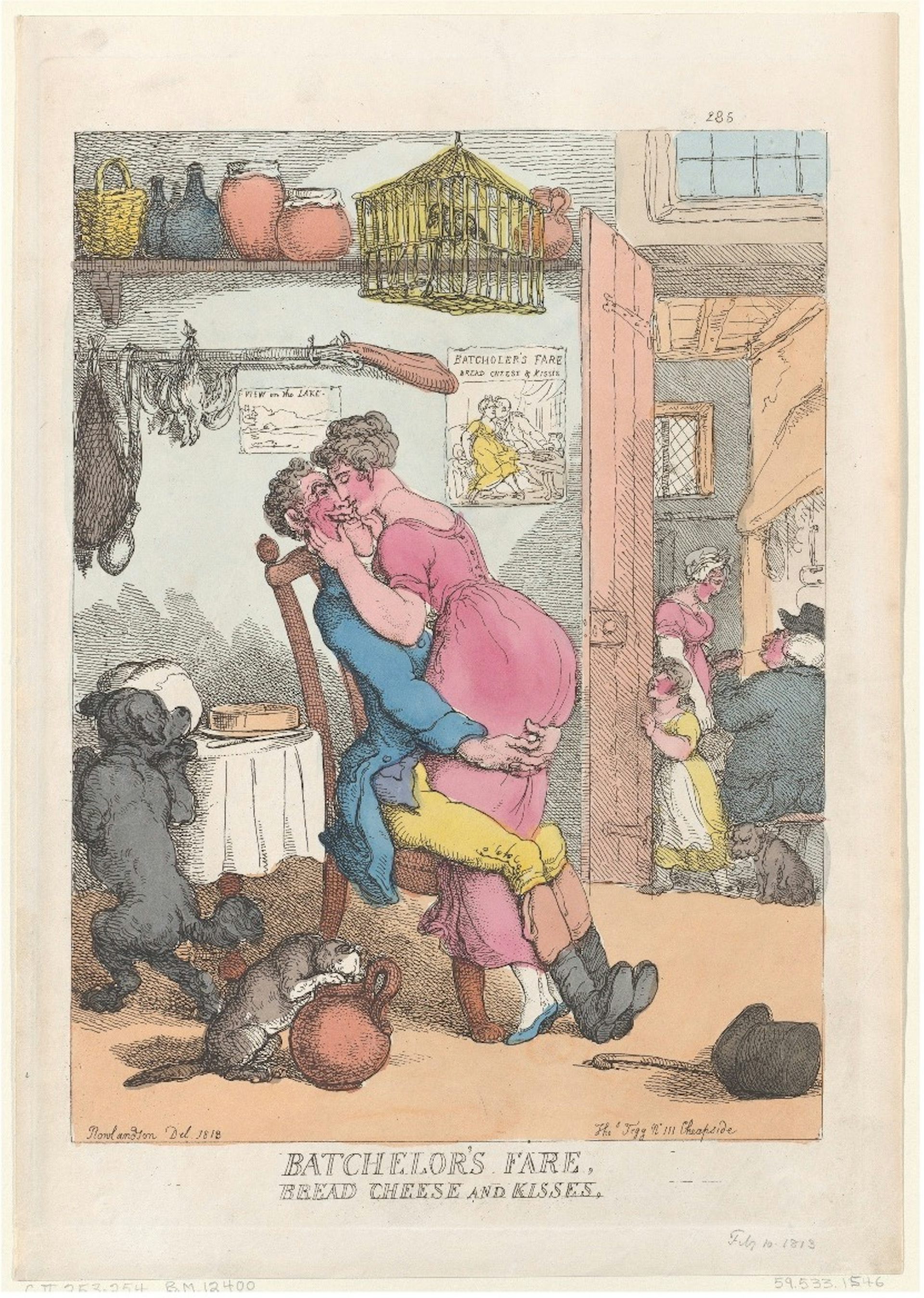 Watercolour of a man being kissed by his lover in a kitchen
