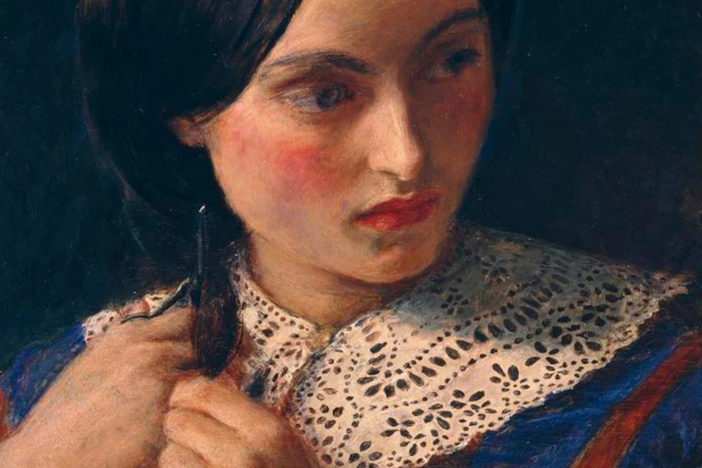 Painting of a dark-haired woman cutting a lock of hair