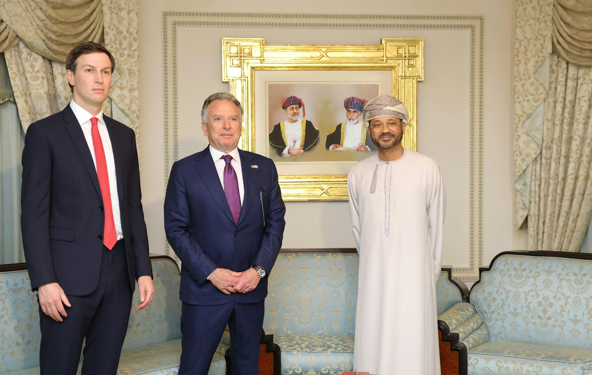 Sayyid Badr Albusaidi welcomes Steve Witkoff and Jared Kushner to their meeting in Oman.
