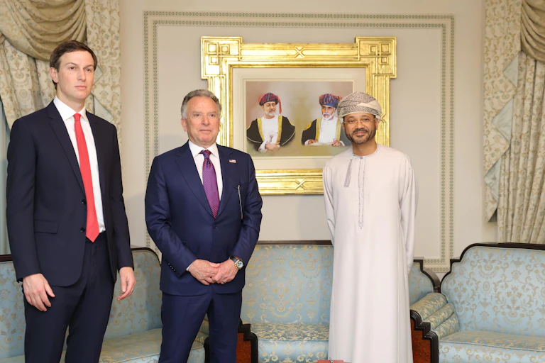 Sayyid Badr Albusaidi welcomes Steve Witkoff and Jared Kushner to their meeting in Oman.