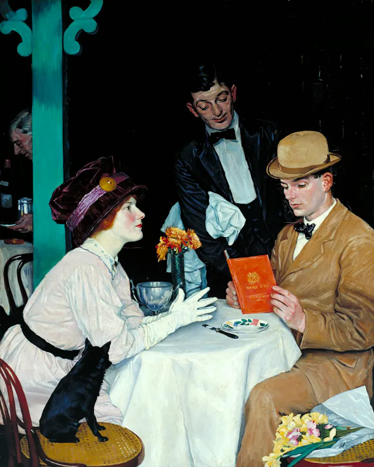 Painting of a man and woman at a restaurant table