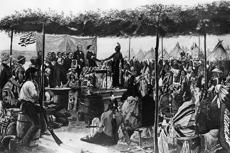 An illustration of a gathering between people dressed in European-style suits and people in traditional Native American clothes.